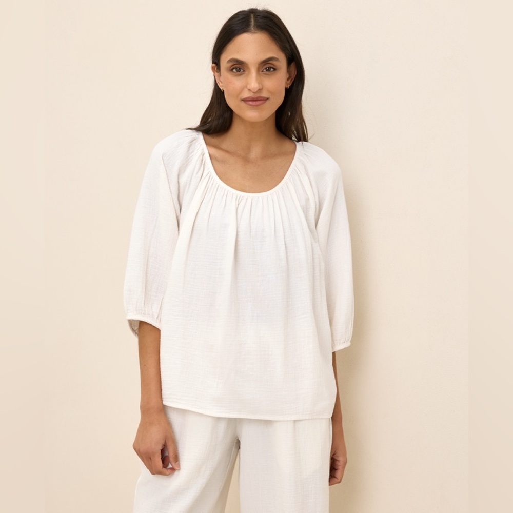 Pact 100% Organic Cotton Coastal Gauze Scoop Neck Top in Sea Salt